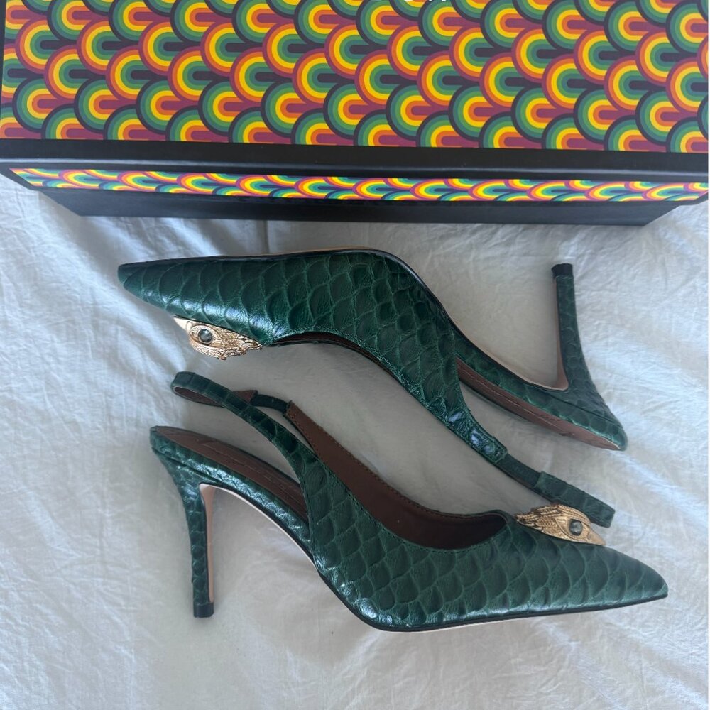 Kurt Geiger Dark Green Textured Slingback Pumps with Gold Accent - Picture 3 of 7
